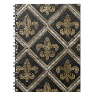 Caderno Espiral azulejo de fleur-de-lis, preto e dourado