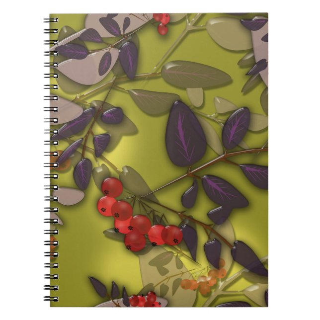 Caderno Espiral Azulejo de vidro folhas líquidas 3D e rowanberry (Frente)