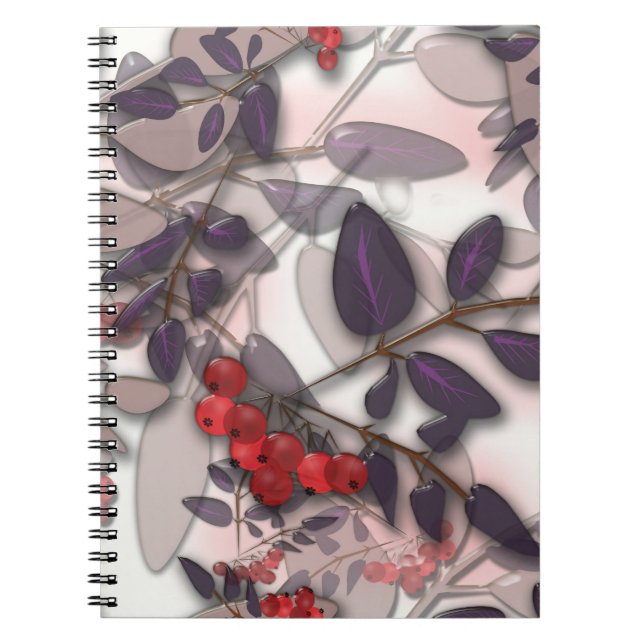 Caderno Espiral Azulejo de vidro folhas líquidas 3D e rowanberry (Frente)