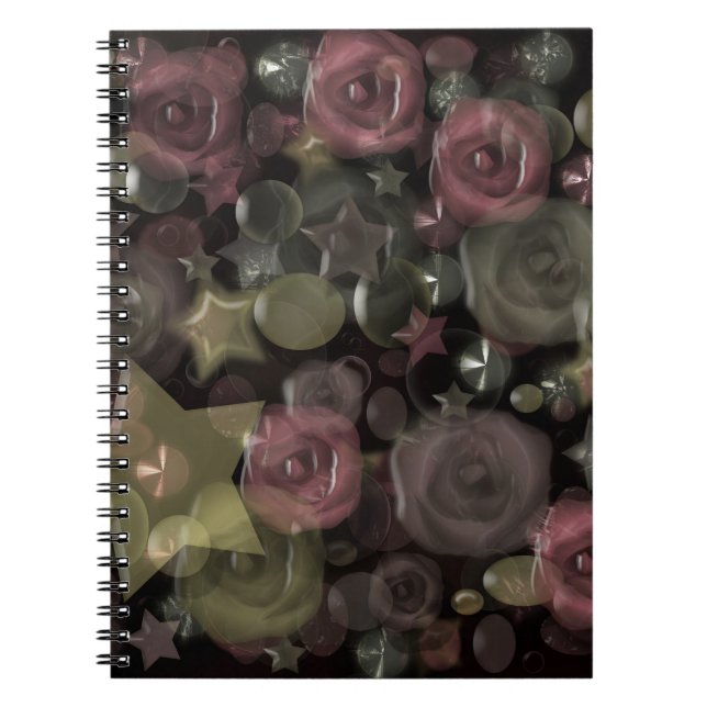 Caderno Espiral Azulejo de vidro rosas líquidos 3D e estrelas (Frente)