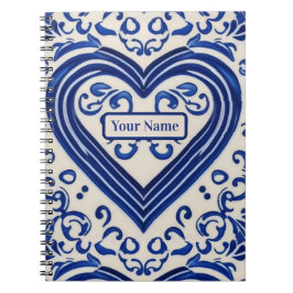 Caderno Espiral Azulejo Holandês - Coração Pintado Azul e Branco -