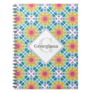 Caderno Espiral Azulejo Personalizado do Arco-Íris Floral Mandala 