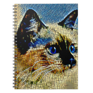 Caderno Espiral Azulejos de mosaico de gato com olhos azuis