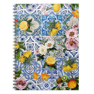 Caderno Espiral Azulejos do estilo Siciliano com flores e limão