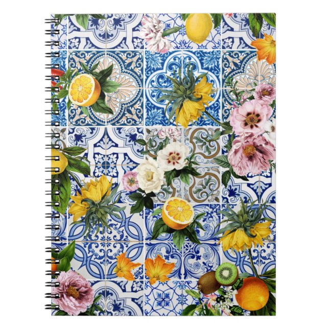 Caderno Espiral Azulejos do estilo Siciliano com flores e limão  (Frente)