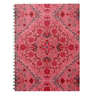 Caderno Espiral Azulejos florais em vermelho e melancia rosa