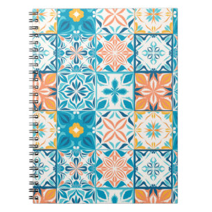 Caderno Espiral azulejos ornamentados em azul e laranja