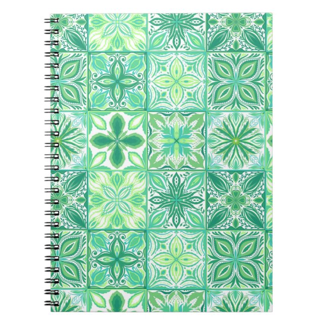 Caderno Espiral azulejos ornamentados em verde e branco (Frente)