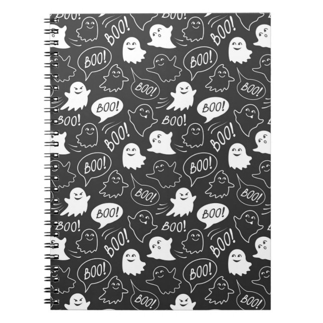Caderno Espiral B&W Doodle Fofo Padrão de Halloween (Frente)