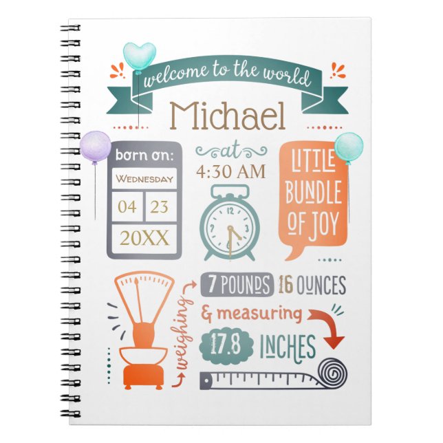 Caderno Espiral Baby Stats Birth Announcement Teal Blue, Orange (Frente)