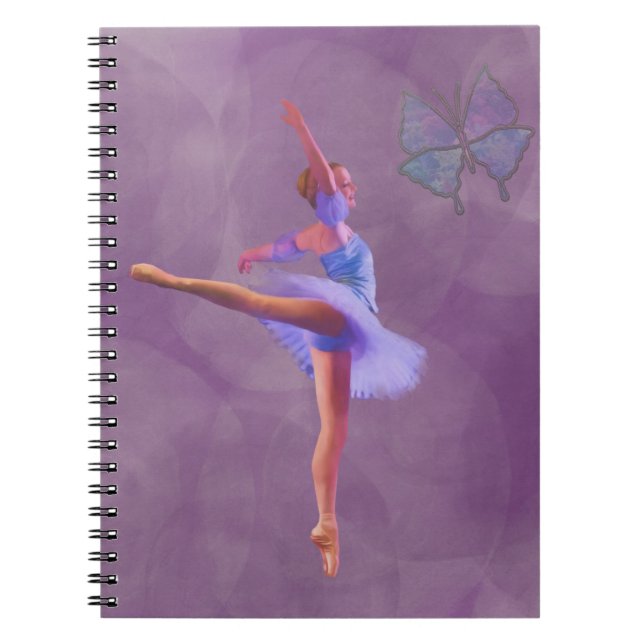 Caderno Espiral Bailarina na posição do Arabesque em roxo e em (Frente)