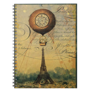 Caderno Espiral Balão de ar quente da Torre Eiffel Steampunk