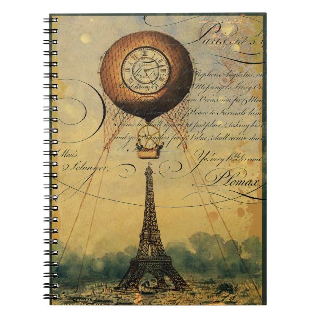 Caderno Espiral Balão de ar quente da Torre Eiffel Steampunk (Frente)