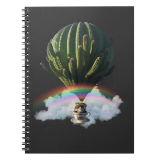 Caderno Espiral Balão de Ar Quente de Gato Surreal com Cactus e Ra