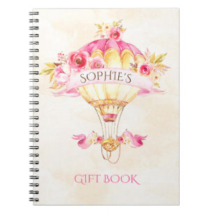 Caderno Espiral Balão de Ar Quente Rosa Dourado Amarelo Rosas Pres