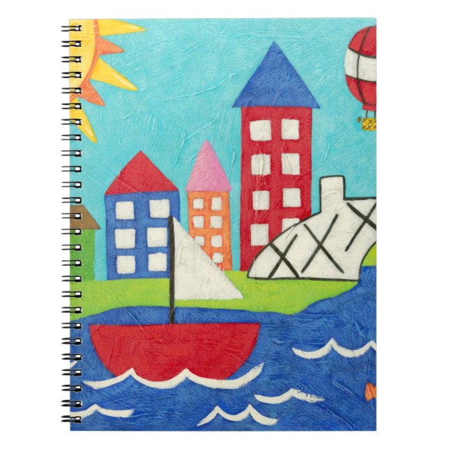Caderno Espiral Balão de vela e ar quente com paisagem urbana (Frente)