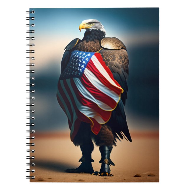 Caderno Espiral Bald Eagle Vestindo Armor Segurando Bandeira Ameri (Frente)