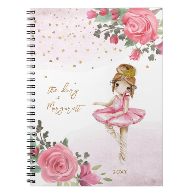 Caderno Espiral Balé Rosa Floral Seu Adorável Diário Diário (Frente)