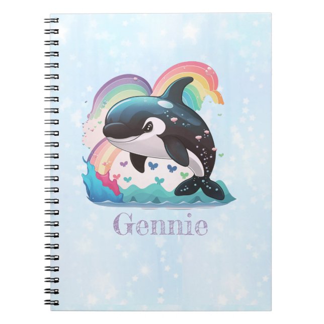 Caderno Espiral Baleia assassina de Kawaii Orca branca Rainbows Bo (Frente)