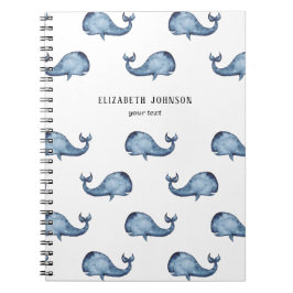 Caderno Espiral Baleia azul. Animal marinho. Padrão de marinho náu