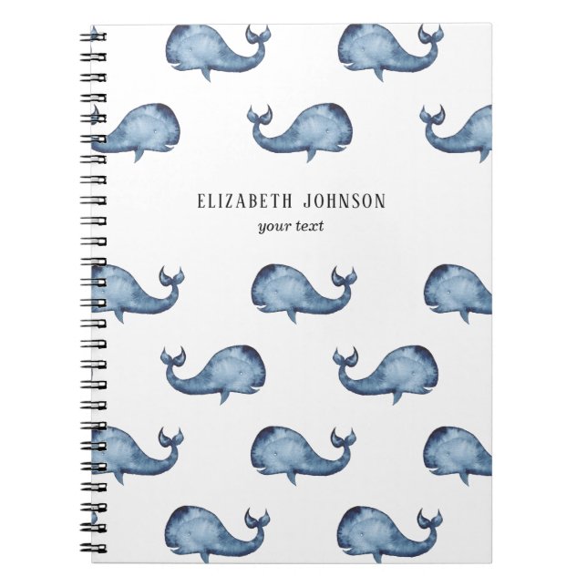 Caderno Espiral Baleia azul. Animal marinho. Padrão de marinho náu (Frente)