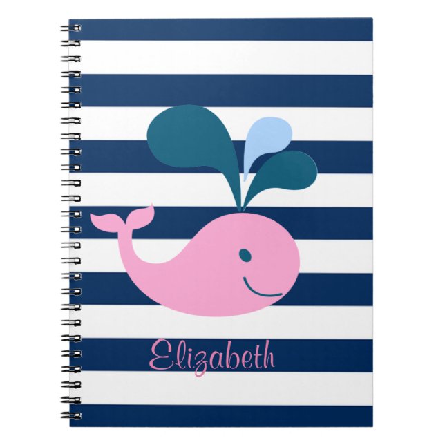 Caderno Espiral Baleia-Bebê-Cuta, Marinho Azul, Stripes Personaliz (Frente)