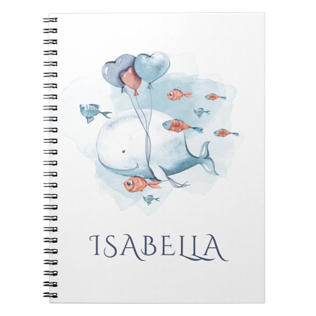 Caderno Espiral Baleia e Peixes Caprichosos em Aquarela Personaliz (Frente)