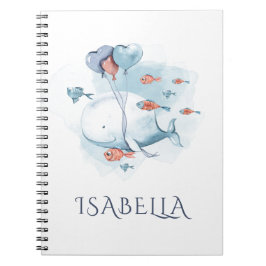 Caderno Espiral Baleia e Peixes Pintados à Mão Personalizados Capr