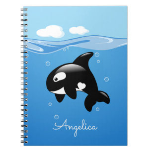 Caderno Espiral Baleia Orca Cuta no Oceano com Nome Personalizado