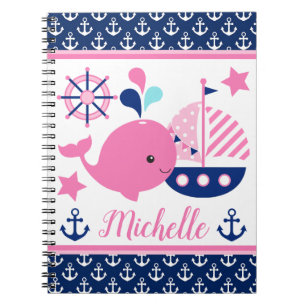 Caderno Espiral Baleia Rosa Náutica Fofa e Padrão de Âncoras
