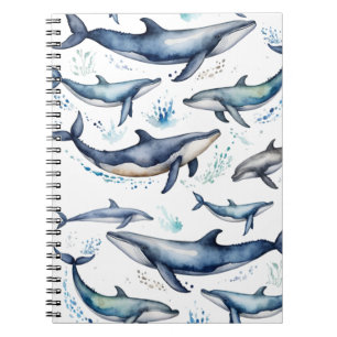 Caderno Espiral Baleias e golfinhos de cor azul, marinheiro