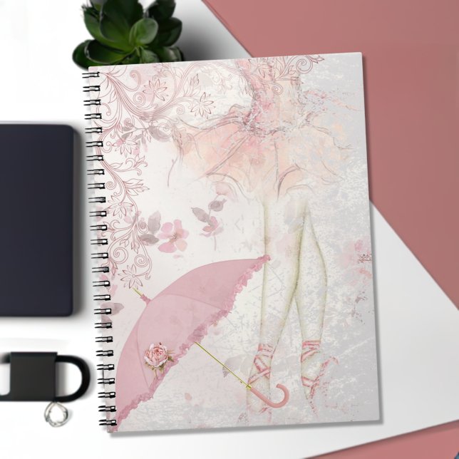 Caderno Espiral Ballerina en Pointe Pink Parasol Floral (Criador carregado)