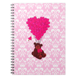 Caderno Espiral Balões de Urso e Cardíaco em damasco rosa