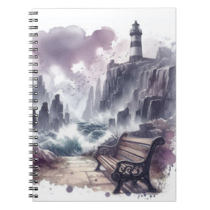 Caderno Espiral Banco na frente do farol