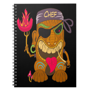 Caderno Espiral Bandana Chef Tiki com Salsicha em Chamas, Preto