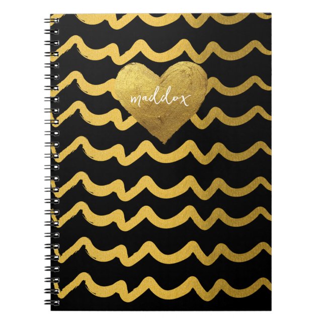 Caderno Espiral Bandas de Gliteria Douradas e Pretas Personalizada (Frente)