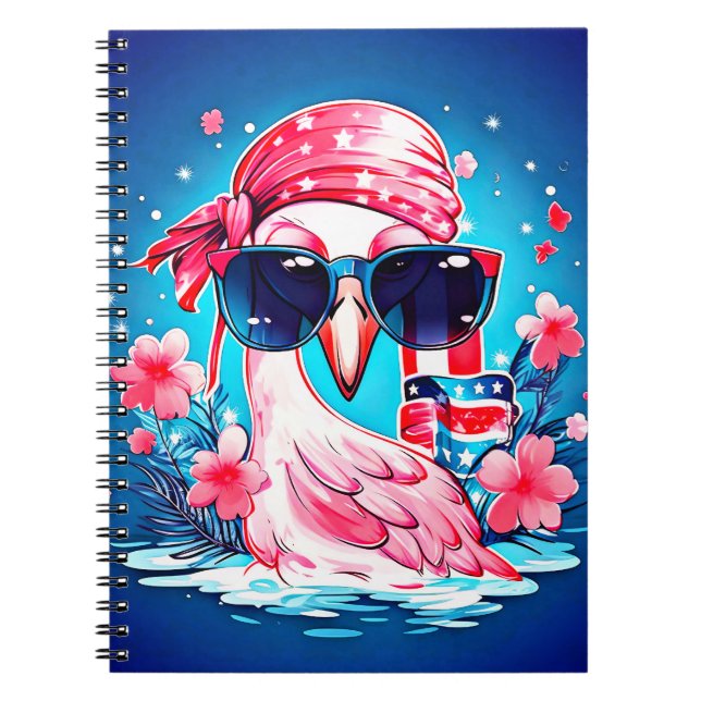 Caderno Espiral Bandeira Americana com Flamingo Cartoon-69681 (Frente)