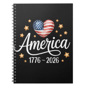 Caderno Espiral Bandeira Bonita Coração 1776-2026 4 de Julho 250º