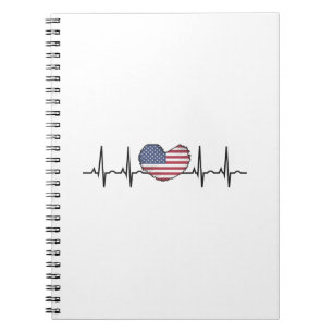 Caderno Espiral Bandeira dos EUA Coração Batimento cardíaco ECG El
