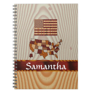 Caderno Espiral Bandeira e mapa americanos de madeira
