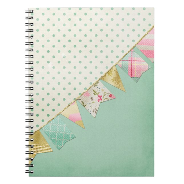 Caderno Espiral Bandeirola de Boutique Shabby Chic em Rosa, Verde- (Frente)