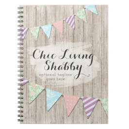 Caderno Espiral Bandeirolas Shabby Chic Country em Madeira Rústica
