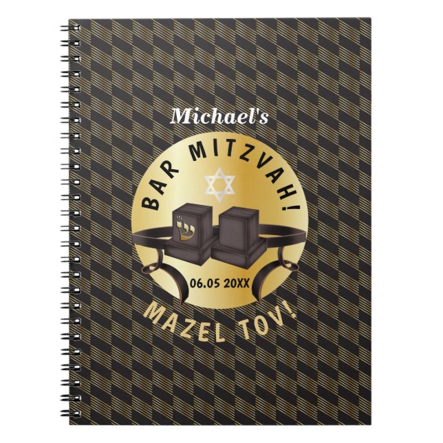 Caderno Espiral Bar Feliz Mitzvah 20XX Tefillin Dourado Decorativo (Frente)
