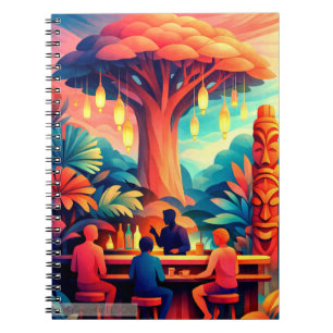 Caderno Espiral Bar Tiki Tropical sob Árvore de Lanternas Brilhant