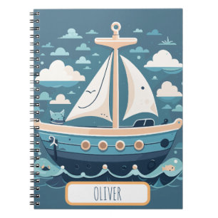 Caderno Espiral Barco a vela azul fofo