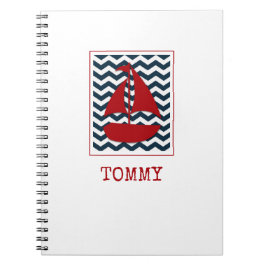 Caderno Espiral Barco à Vela Náutico Crianças NOME Vermelho Branco