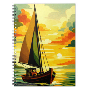 Caderno Espiral Barco à Vela Pôr do Sol Dourado Arte Vintage