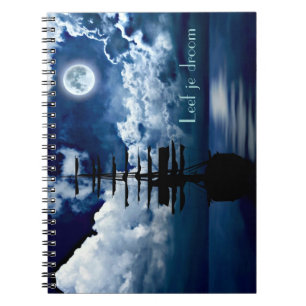 Caderno Espiral Barco com lua cheia computador portátil