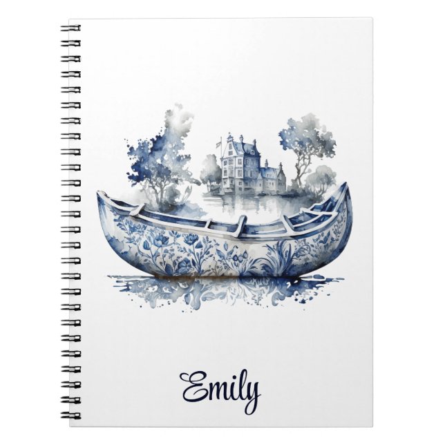Caderno Espiral Barco estilo Delft azul e branco com cena de aldei (Frente)