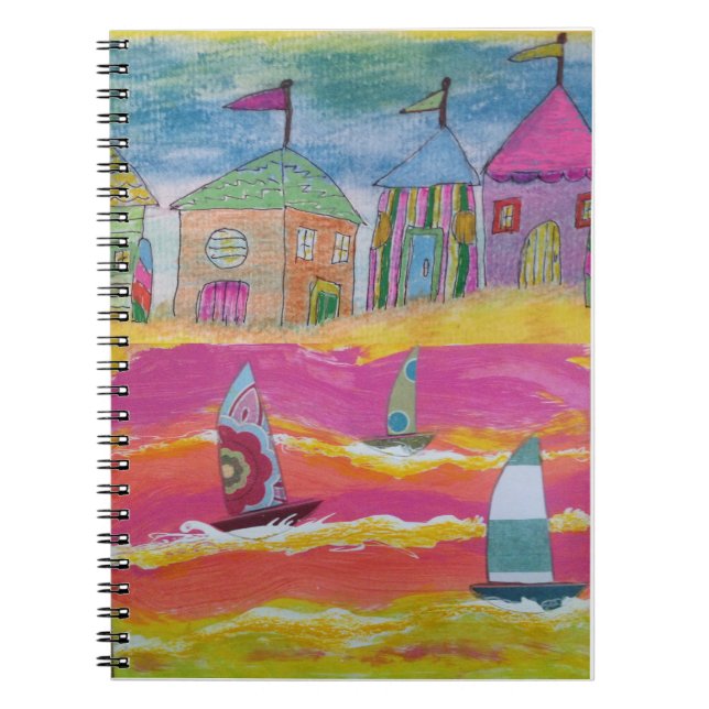 Caderno Espiral Barcos à Vela Caprichosos e Cabines de Praia (Frente)